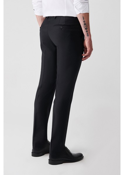 Erkek Siyah Kırlangıç Yaka Çift Yırtmaçlı Yün Karışımlı Comfort Slim Fit Takım Elbise B007701