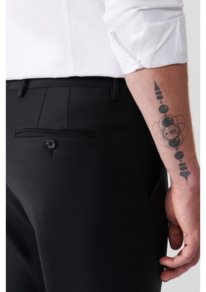 Erkek Siyah Kırlangıç Yaka Çift Yırtmaçlı Yün Karışımlı Comfort Slim Fit Takım Elbise B007701