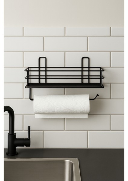 Yapışkanlı Siyah Raflı Rulo Havluluk Peçetelik Havlu Kağıtlık Mutfak Düzenleyici Raf Baharatlık