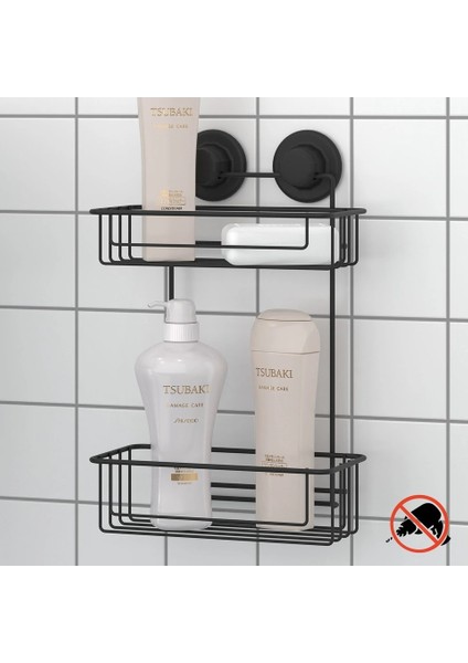 Vakumlu Banyo Duvar Rafı Şampuanlık 2 Katlı Siyah