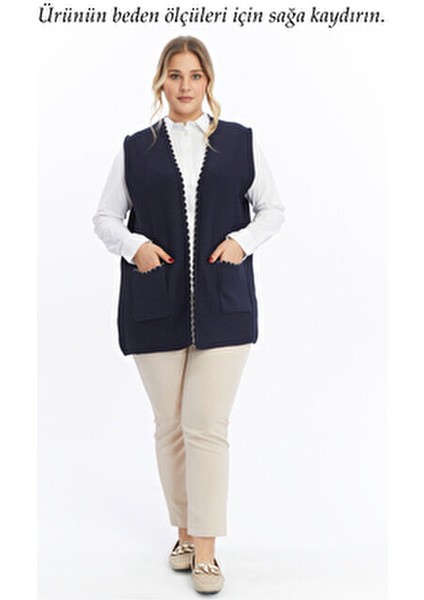 Triko Kadın Büyük Beden Anne Kalın Tüylenmez Lacivert Kışlık Yelek