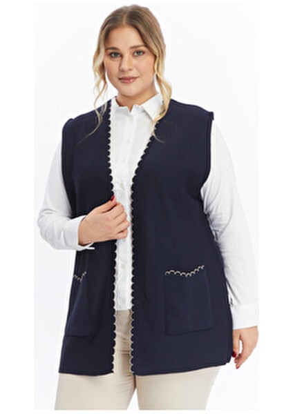 Triko Kadın Büyük Beden Anne Kalın Tüylenmez Lacivert Kışlık Yelek fiyatları