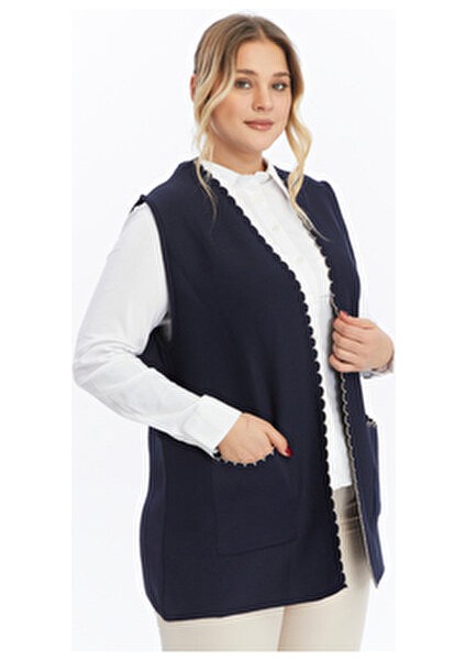 Triko Kadın Büyük Beden Anne Kalın Tüylenmez Lacivert Kışlık Yelek