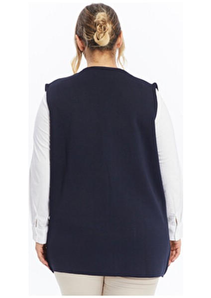 Triko Kadın Büyük Beden Anne Kalın Tüylenmez Lacivert Kışlık Yelek