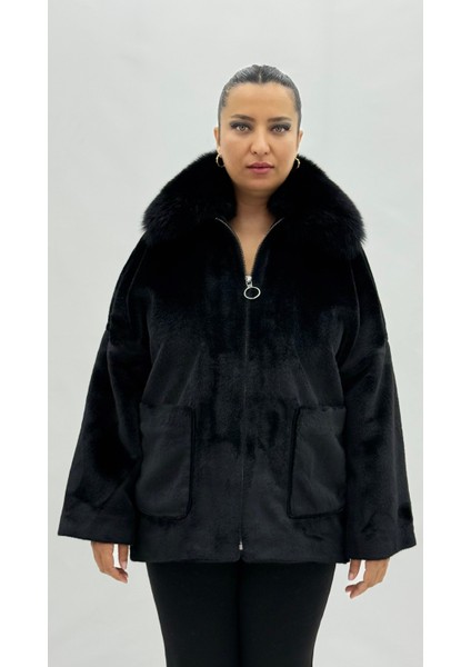 Büyük Beden Cepli Fermuarlı Uzun Kol Oversize Kadın Kürk Mont