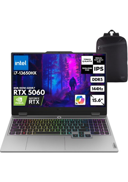 Loq 15IRX10 I7-13650HX 40-Gbddr5 4 Tbssd RTX5060 (8GB-100W-GDDR7) 15.6" IPS 144Hz Freedos + Hmf Sırt Çantası 83JE00J5TRHMF20