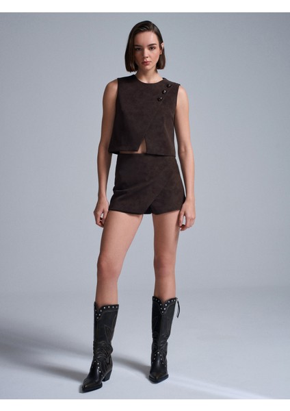 81067 Asimetrik Şort Etek-Kahve