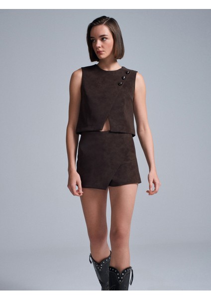81067 Asimetrik Şort Etek-Kahve indirimleri