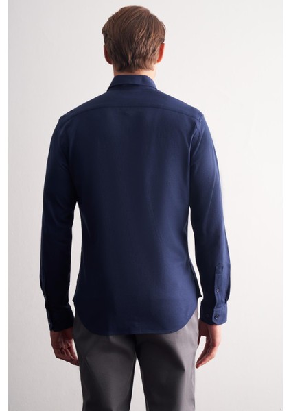 Lacivert Düğmeli Yaka Kendinden Desenli Örme Uzun Kol Performans Ürün Slim Fit %100 Pamuk Gömlek 1004255272 fırsatları