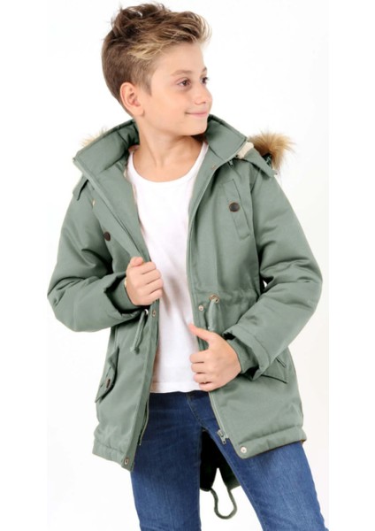 Erkek Çocuk Su Geçirmez Çıkarılabilir Kapüşonlu Pelüş Kürk Astarlı Uzun Mont Kaban