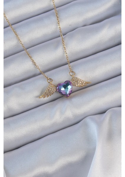 316L Çelik Zincir Altın Renk Mavi Mor Zirkon Taşlı Kanatlı Kalp Kolye - TJ-BKO9161