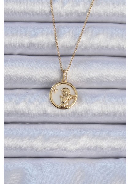 316L Çelik Zincir Altın Renk Zirkon Taşlı Mineli Melek Kolye - TJ-BKO9085