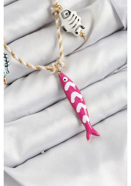 Seramik Motifli Pembe Balık Figürlü Model Krem Ip Kadın Kolye - TJ-BKO10398