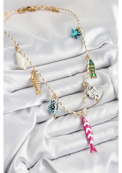 Seramik Motifli Pembe Balık Figürlü Model Krem Ip Kadın Kolye - TJ-BKO10398 fiyatları