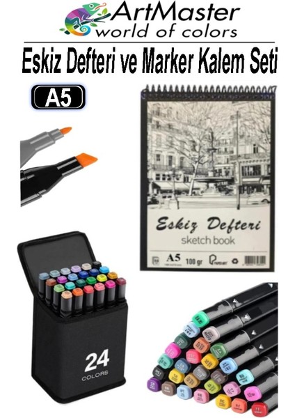 A5 Eskiz Defteri 50 Yaprak 100 gr 1 Adet 24 Renk Marker Kalem Çift Taraflı Touch Çift Uçlu Eskiz Defteri Boya Seti