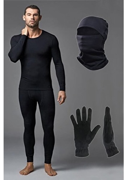Erkek Siyah Termal Alt Üst Takım ve Polar Kar Maskesi ve Polar Eldiven Outdoor Set