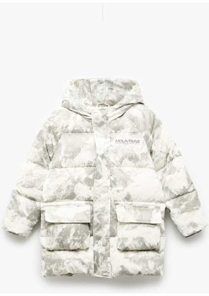 Kapşonlu Uzun Kollu Desenli Cepli Oversize Mont