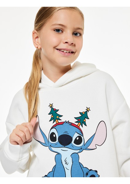 Kapşonlu Uzun Kollu Lisanslı Stitch Baskılı Oversize Sweatshirt