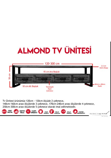 Almond Doğal Ahşap Çekmeceli Tv Ünitesi - 220CM fırsatları