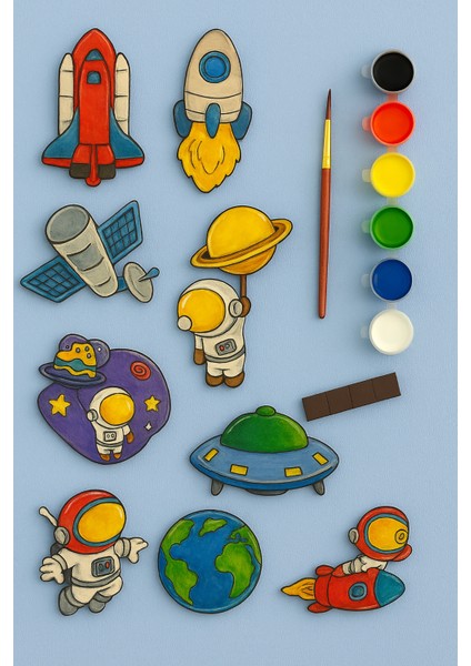 Uzay Roket Ahşap Boyama Etkinlik Seti Eğitici Çocuk Aktivite + Fırça + Akrilik Boya Kreş Okul Öncesi