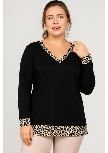 Büyük Beden V Yaka Kolucu Etek Leopar Garnili Uzun Kol Bluz