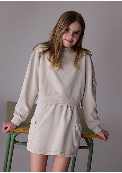Kız Çocuk Bej Sweatshirt ve Kargo Etek Takım 7917