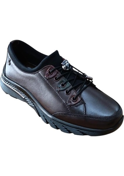 Palovit 027 Kadın Hakiki Deri Lastikli Düz Taban Comfort Günlük Ayakkabı Kahve