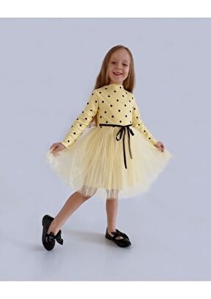 Linda Uzun Kol Kız Çocuk Prenses Kabarık Tütü Puantiyeli Esnek Likralı Sarı Tüllü Tütülü Elbise