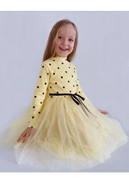 Linda Uzun Kol Kız Çocuk Prenses Kabarık Tütü Puantiyeli Esnek Likralı Sarı Tüllü Tütülü Elbise fiyatları
