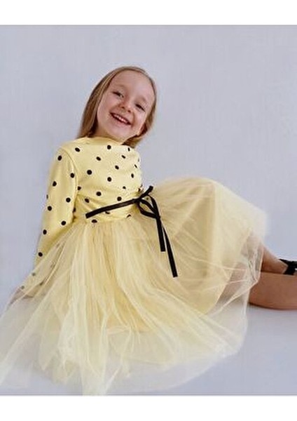 Linda Uzun Kol Kız Çocuk Prenses Kabarık Tütü Puantiyeli Esnek Likralı Sarı Tüllü Tütülü Elbise modelleri