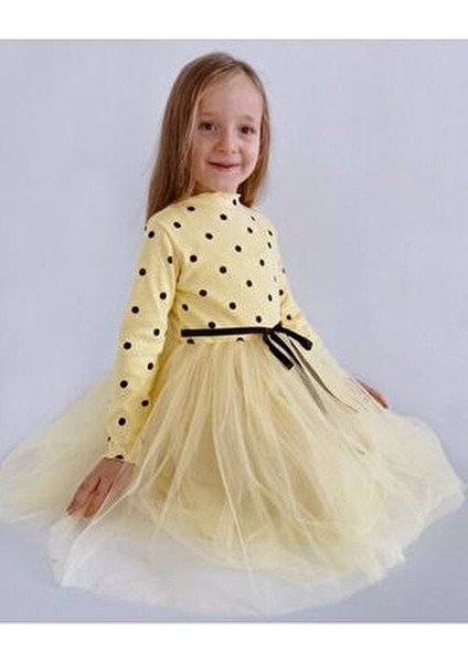 Linda Uzun Kol Kız Çocuk Prenses Kabarık Tütü Puantiyeli Esnek Likralı Sarı Tüllü Tütülü Elbise fırsatları
