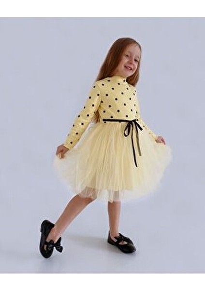 Linda Uzun Kol Kız Çocuk Prenses Kabarık Tütü Puantiyeli Esnek Likralı Sarı Tüllü Tütülü Elbise indirimleri
