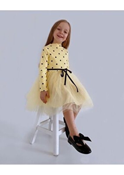 Linda Uzun Kol Kız Çocuk Prenses Kabarık Tütü Puantiyeli Esnek Likralı Sarı Tüllü Tütülü Elbise