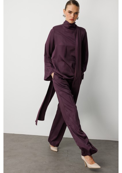 Fular Detaylı Saten Bordo Tasarım Bluz modelleri