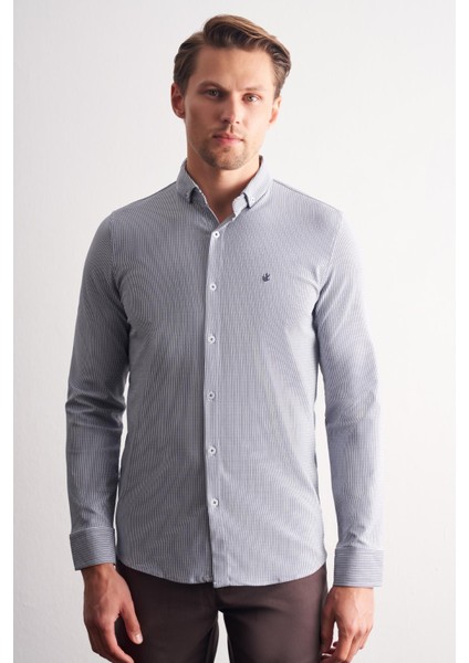 Koyu Lacivert Smart Düğmeli Yaka Uzun Kol Cepsiz Slim Fit Casual Gömlek 1004255166 modelleri