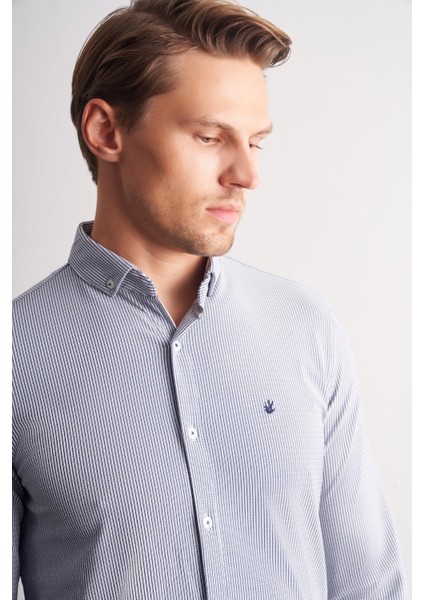 Koyu Lacivert Smart Düğmeli Yaka Uzun Kol Cepsiz Slim Fit Casual Gömlek 1004255166 fırsatları