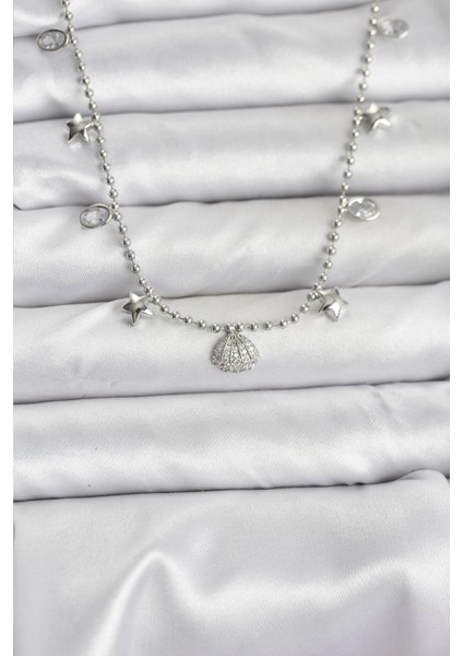 Pirinç Gümüş Renk Zirkon Taşlı Deniz Kabuğu Model Kadın Kolye - TJ-BKO10656