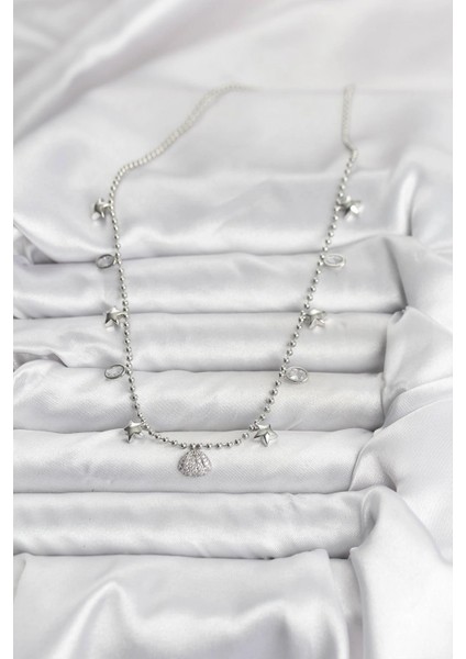 Pirinç Gümüş Renk Zirkon Taşlı Deniz Kabuğu Model Kadın Kolye - TJ-BKO10656 fiyatları