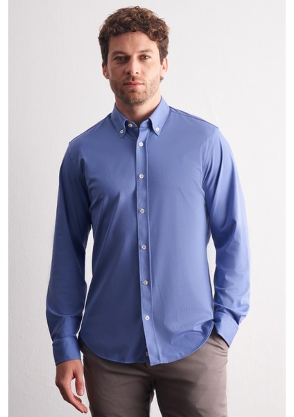 Koyu Mavi Düğmeli Yaka Örme Uzun Kol Performans Ürün Slim Fit Esnek Gömlek 1004255270