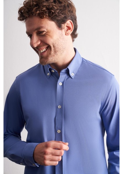 Koyu Mavi Düğmeli Yaka Örme Uzun Kol Performans Ürün Slim Fit Esnek Gömlek 1004255270 modelleri
