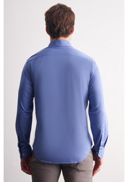 Koyu Mavi Düğmeli Yaka Örme Uzun Kol Performans Ürün Slim Fit Esnek Gömlek 1004255270 fırsatları