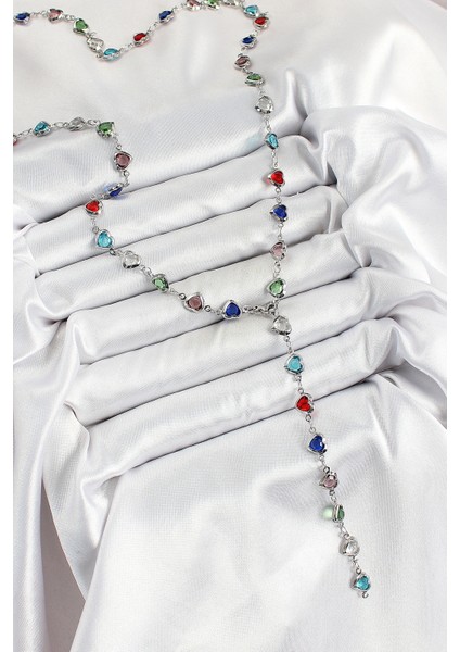 Pirinç Gümüş Renk Karışık Renk Zirkon Taşlı Kalpli Y Kadın Kolye - TJ-BKO10302