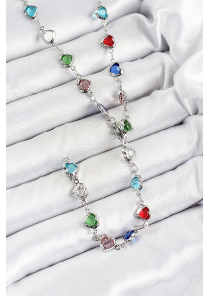 Pirinç Gümüş Renk Karışık Renk Zirkon Taşlı Kalpli Y Kadın Kolye - TJ-BKO10302 fiyatları