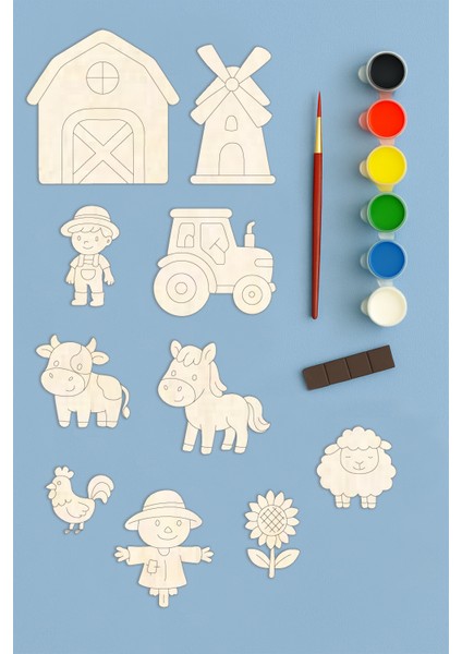 Çiftlik Ahşap Boyama Figürleri ve Etkinlik Seti Eğitici Çocuk Aktivite Okul Öncesi Boyasız