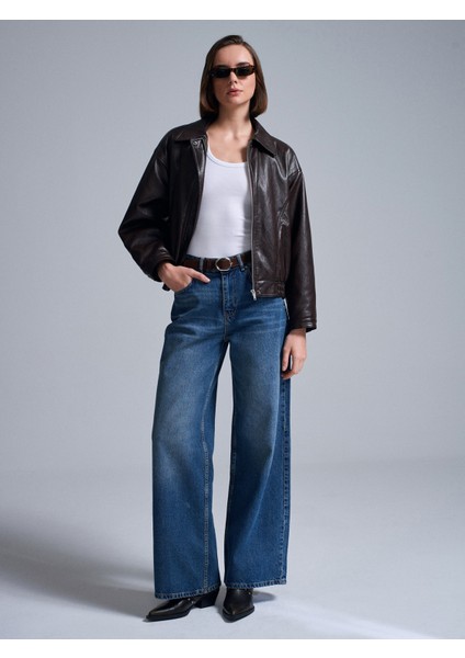 72072 %100 Pamuk Kemerli Wide Leg Jean-Mavi