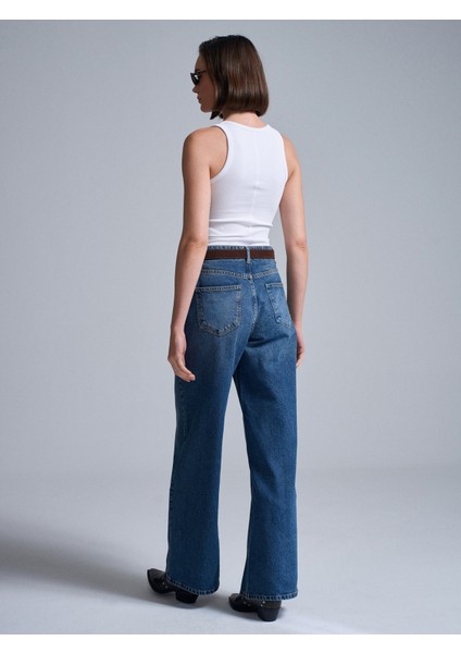 72072 %100 Pamuk Kemerli Wide Leg Jean-Mavi fiyatları