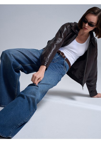 72072 %100 Pamuk Kemerli Wide Leg Jean-Mavi modelleri