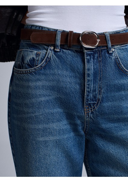 72072 %100 Pamuk Kemerli Wide Leg Jean-Mavi fırsatları