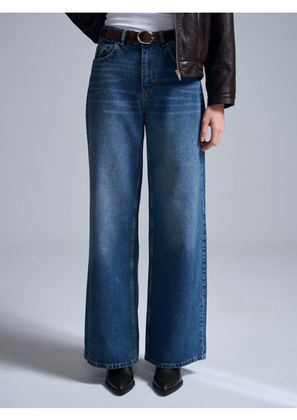 72072 %100 Pamuk Kemerli Wide Leg Jean-Mavi indirimleri