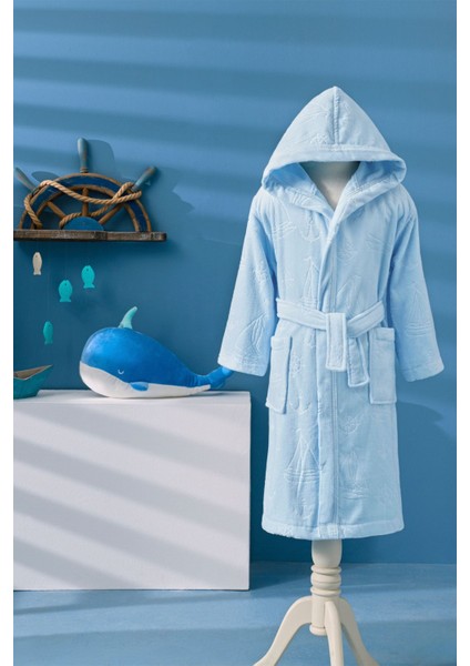 Mavi Kapüşonlu Kadife Çocuk Bornozu